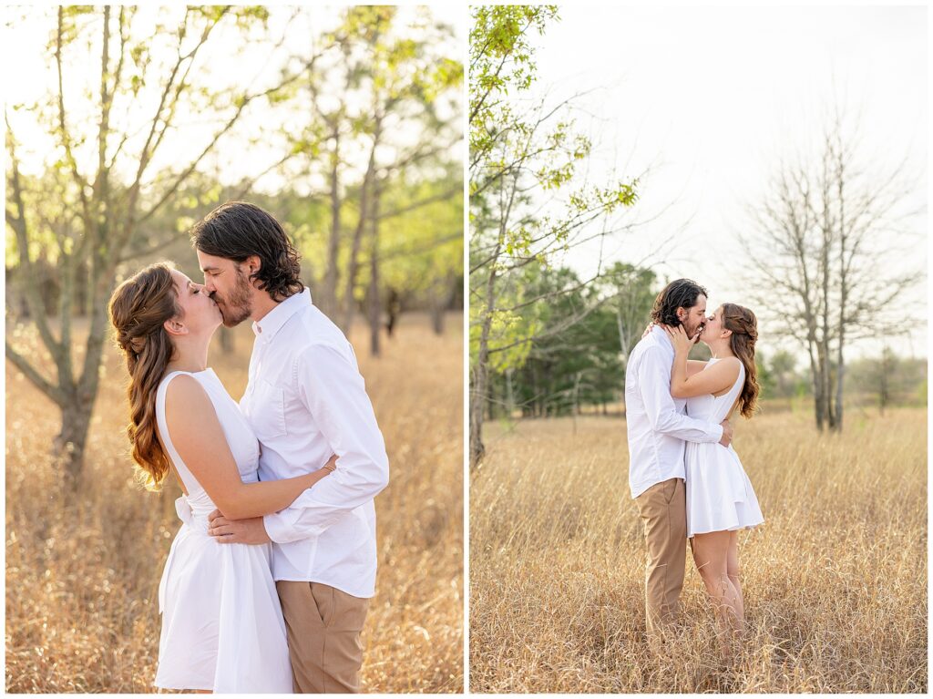 "Houston wedding photographer capturing a bride and groom during sunset portraits."

"Photographer in action at a Houston wedding ceremony, taking candid shots of the couple."
"Engaged couple holding hands and walking through a sunlit field at golden hour."

"Man lifting fiancée playfully while laughing during an engagement session."

"Close-up of couple’s hands showing off the engagement ring."

"Couple embracing in front of a scenic city skyline during their engagement session."

"Engaged couple sharing a kiss under a tree with fall leaves surrounding them."
"Engagement session in downtown Houston with couple standing in front of skyline views."

"Couple holding hands while walking through a park in Houston during sunset."

"Engaged couple posing by the water at Hermann Park in Houston."

"Romantic engagement session in a peach orchard near Houston, with soft evening light."
