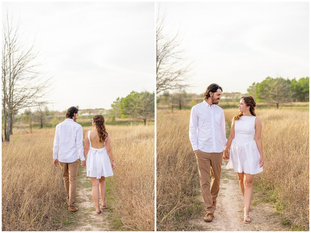 "Houston wedding photographer capturing a bride and groom during sunset portraits."

"Photographer in action at a Houston wedding ceremony, taking candid shots of the couple."
"Engaged couple holding hands and walking through a sunlit field at golden hour."

"Man lifting fiancée playfully while laughing during an engagement session."

"Close-up of couple’s hands showing off the engagement ring."

"Couple embracing in front of a scenic city skyline during their engagement session."

"Engaged couple sharing a kiss under a tree with fall leaves surrounding them."
"Engagement session in downtown Houston with couple standing in front of skyline views."

"Couple holding hands while walking through a park in Houston during sunset."

"Engaged couple posing by the water at Hermann Park in Houston."

"Romantic engagement session in a peach orchard near Houston, with soft evening light."