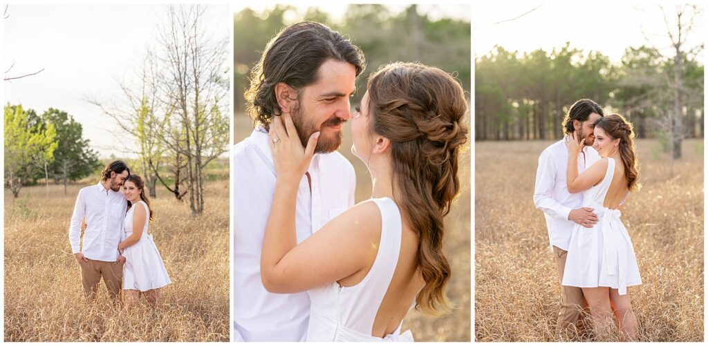 "Houston wedding photographer capturing a bride and groom during sunset portraits."

"Photographer in action at a Houston wedding ceremony, taking candid shots of the couple."
"Engaged couple holding hands and walking through a sunlit field at golden hour."

"Man lifting fiancée playfully while laughing during an engagement session."

"Close-up of couple’s hands showing off the engagement ring."

"Couple embracing in front of a scenic city skyline during their engagement session."

"Engaged couple sharing a kiss under a tree with fall leaves surrounding them."
"Engagement session in downtown Houston with couple standing in front of skyline views."

"Couple holding hands while walking through a park in Houston during sunset."

"Engaged couple posing by the water at Hermann Park in Houston."

"Romantic engagement session in a peach orchard near Houston, with soft evening light."