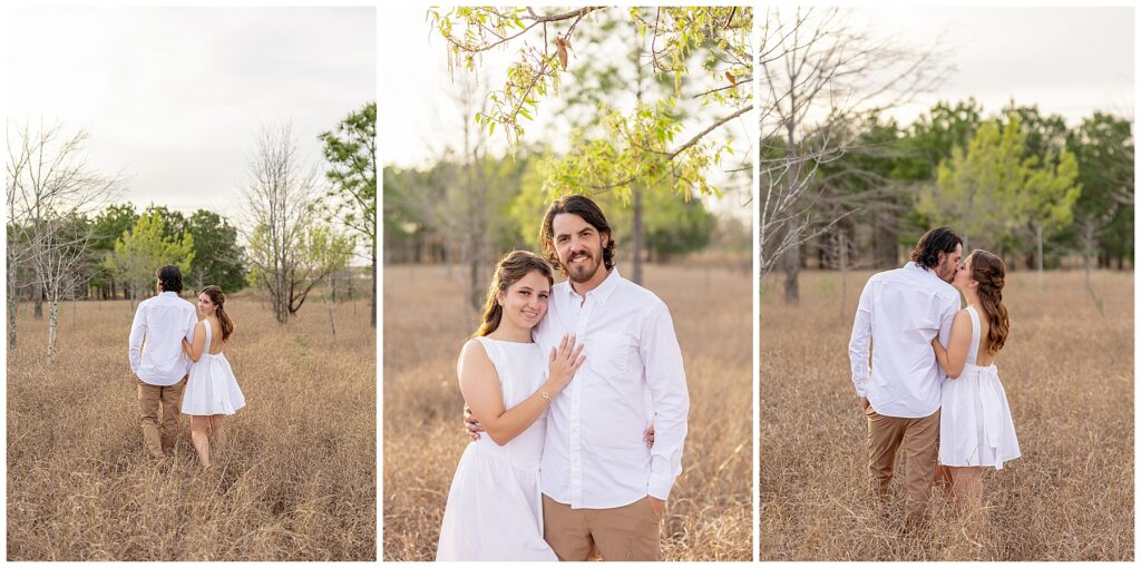 "Houston wedding photographer capturing a bride and groom during sunset portraits."

"Photographer in action at a Houston wedding ceremony, taking candid shots of the couple."
"Engaged couple holding hands and walking through a sunlit field at golden hour."

"Man lifting fiancée playfully while laughing during an engagement session."

"Close-up of couple’s hands showing off the engagement ring."

"Couple embracing in front of a scenic city skyline during their engagement session."

"Engaged couple sharing a kiss under a tree with fall leaves surrounding them."
"Engagement session in downtown Houston with couple standing in front of skyline views."

"Couple holding hands while walking through a park in Houston during sunset."

"Engaged couple posing by the water at Hermann Park in Houston."

"Romantic engagement session in a peach orchard near Houston, with soft evening light."