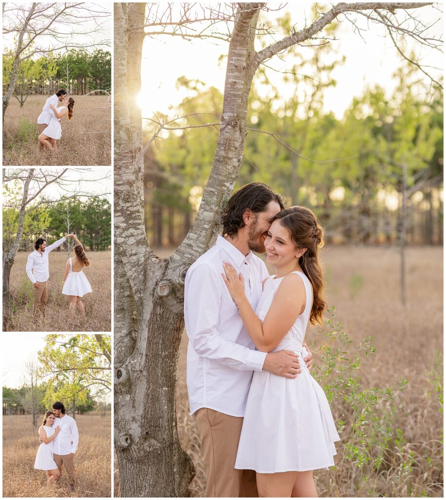 "Houston wedding photographer capturing a bride and groom during sunset portraits."

"Photographer in action at a Houston wedding ceremony, taking candid shots of the couple."
"Engaged couple holding hands and walking through a sunlit field at golden hour."

"Man lifting fiancée playfully while laughing during an engagement session."

"Close-up of couple’s hands showing off the engagement ring."

"Couple embracing in front of a scenic city skyline during their engagement session."

"Engaged couple sharing a kiss under a tree with fall leaves surrounding them."
"Engagement session in downtown Houston with couple standing in front of skyline views."

"Couple holding hands while walking through a park in Houston during sunset."

"Engaged couple posing by the water at Hermann Park in Houston."

"Romantic engagement session in a peach orchard near Houston, with soft evening light."