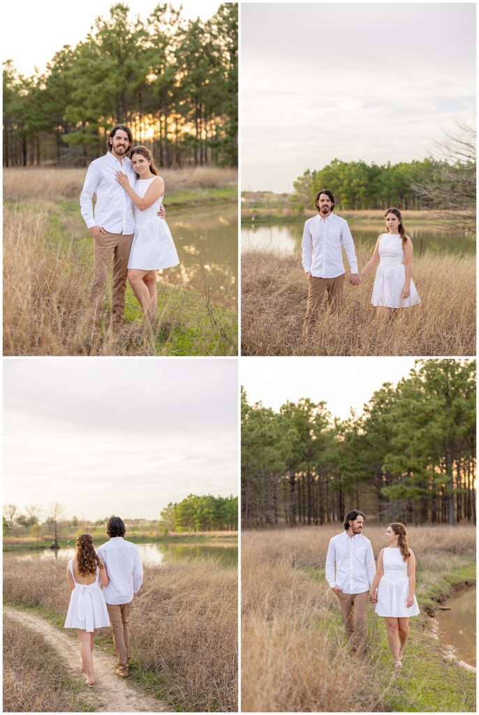"Houston wedding photographer capturing a bride and groom during sunset portraits."

"Photographer in action at a Houston wedding ceremony, taking candid shots of the couple."
"Engaged couple holding hands and walking through a sunlit field at golden hour."

"Man lifting fiancée playfully while laughing during an engagement session."

"Close-up of couple’s hands showing off the engagement ring."

"Couple embracing in front of a scenic city skyline during their engagement session."

"Engaged couple sharing a kiss under a tree with fall leaves surrounding them."
"Engagement session in downtown Houston with couple standing in front of skyline views."

"Couple holding hands while walking through a park in Houston during sunset."

"Engaged couple posing by the water at Hermann Park in Houston."

"Romantic engagement session in a peach orchard near Houston, with soft evening light."