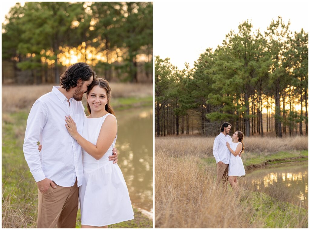 "Houston wedding photographer capturing a bride and groom during sunset portraits."

"Photographer in action at a Houston wedding ceremony, taking candid shots of the couple."
"Engaged couple holding hands and walking through a sunlit field at golden hour."

"Man lifting fiancée playfully while laughing during an engagement session."

"Close-up of couple’s hands showing off the engagement ring."

"Couple embracing in front of a scenic city skyline during their engagement session."

"Engaged couple sharing a kiss under a tree with fall leaves surrounding them."
"Engagement session in downtown Houston with couple standing in front of skyline views."

"Couple holding hands while walking through a park in Houston during sunset."

"Engaged couple posing by the water at Hermann Park in Houston."

"Romantic engagement session in a peach orchard near Houston, with soft evening light."