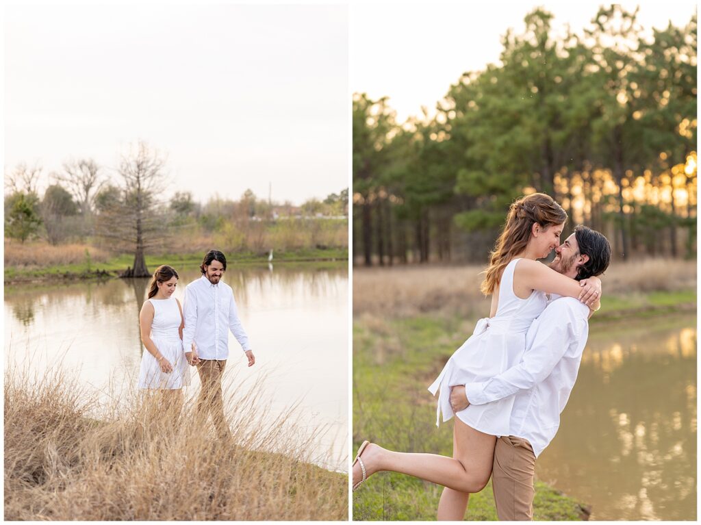"Houston wedding photographer capturing a bride and groom during sunset portraits."

"Photographer in action at a Houston wedding ceremony, taking candid shots of the couple."
"Engaged couple holding hands and walking through a sunlit field at golden hour."

"Man lifting fiancée playfully while laughing during an engagement session."

"Close-up of couple’s hands showing off the engagement ring."

"Couple embracing in front of a scenic city skyline during their engagement session."

"Engaged couple sharing a kiss under a tree with fall leaves surrounding them."
"Engagement session in downtown Houston with couple standing in front of skyline views."

"Couple holding hands while walking through a park in Houston during sunset."

"Engaged couple posing by the water at Hermann Park in Houston."

"Romantic engagement session in a peach orchard near Houston, with soft evening light."