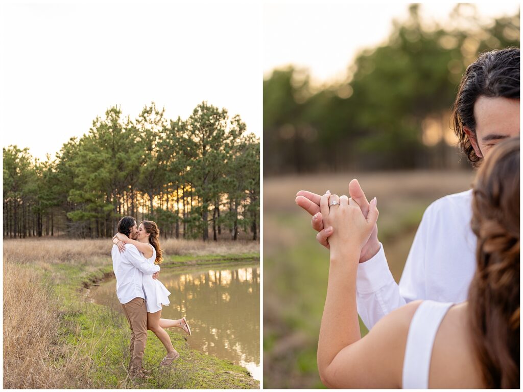 "Houston wedding photographer capturing a bride and groom during sunset portraits."

"Photographer in action at a Houston wedding ceremony, taking candid shots of the couple."
"Engaged couple holding hands and walking through a sunlit field at golden hour."

"Man lifting fiancée playfully while laughing during an engagement session."

"Close-up of couple’s hands showing off the engagement ring."

"Couple embracing in front of a scenic city skyline during their engagement session."

"Engaged couple sharing a kiss under a tree with fall leaves surrounding them."
"Engagement session in downtown Houston with couple standing in front of skyline views."

"Couple holding hands while walking through a park in Houston during sunset."

"Engaged couple posing by the water at Hermann Park in Houston."

"Romantic engagement session in a peach orchard near Houston, with soft evening light."