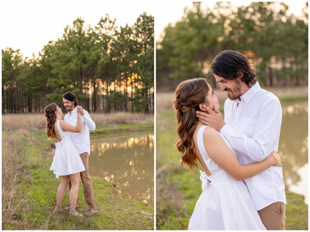 "Houston wedding photographer capturing a bride and groom during sunset portraits."

"Photographer in action at a Houston wedding ceremony, taking candid shots of the couple."
"Engaged couple holding hands and walking through a sunlit field at golden hour."

"Man lifting fiancée playfully while laughing during an engagement session."

"Close-up of couple’s hands showing off the engagement ring."

"Couple embracing in front of a scenic city skyline during their engagement session."

"Engaged couple sharing a kiss under a tree with fall leaves surrounding them."
"Engagement session in downtown Houston with couple standing in front of skyline views."

"Couple holding hands while walking through a park in Houston during sunset."

"Engaged couple posing by the water at Hermann Park in Houston."

"Romantic engagement session in a peach orchard near Houston, with soft evening light."