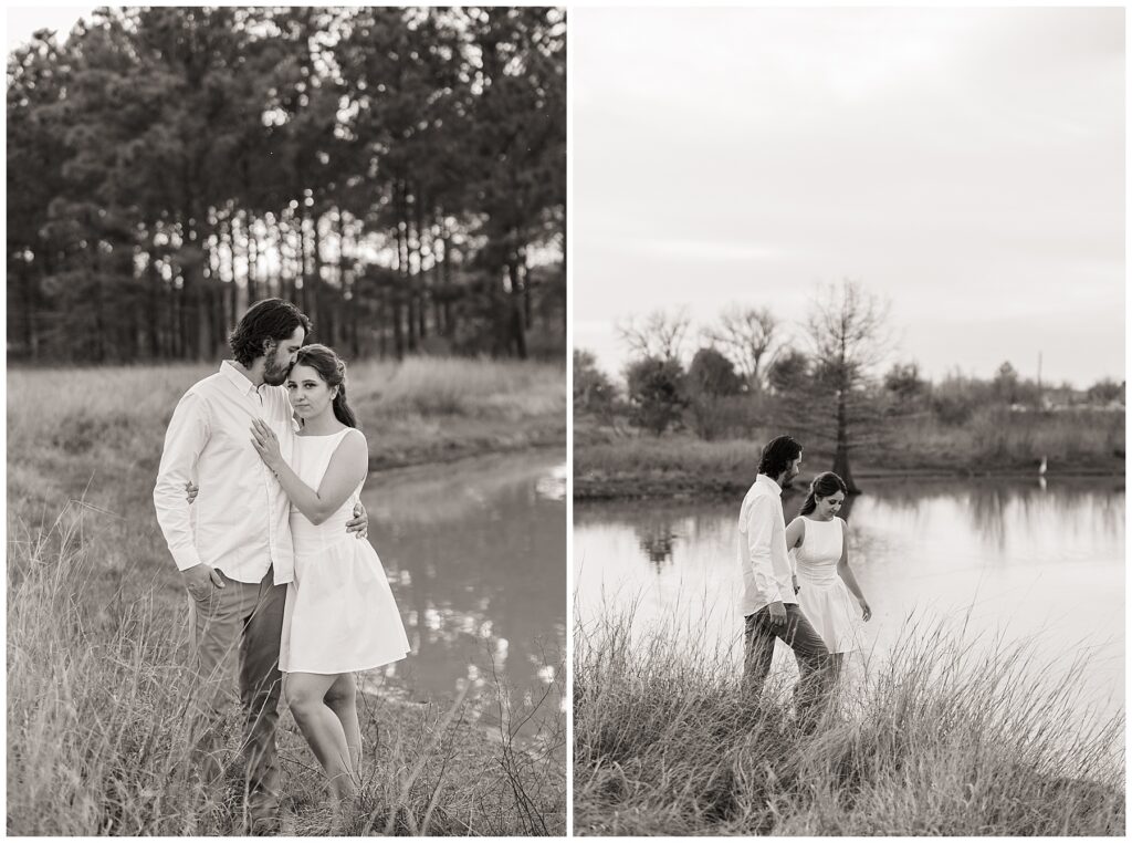 "Houston wedding photographer capturing a bride and groom during sunset portraits."

"Photographer in action at a Houston wedding ceremony, taking candid shots of the couple."
"Engaged couple holding hands and walking through a sunlit field at golden hour."

"Man lifting fiancée playfully while laughing during an engagement session."

"Close-up of couple’s hands showing off the engagement ring."

"Couple embracing in front of a scenic city skyline during their engagement session."

"Engaged couple sharing a kiss under a tree with fall leaves surrounding them."
"Engagement session in downtown Houston with couple standing in front of skyline views."

"Couple holding hands while walking through a park in Houston during sunset."

"Engaged couple posing by the water at Hermann Park in Houston."

"Romantic engagement session in a peach orchard near Houston, with soft evening light."