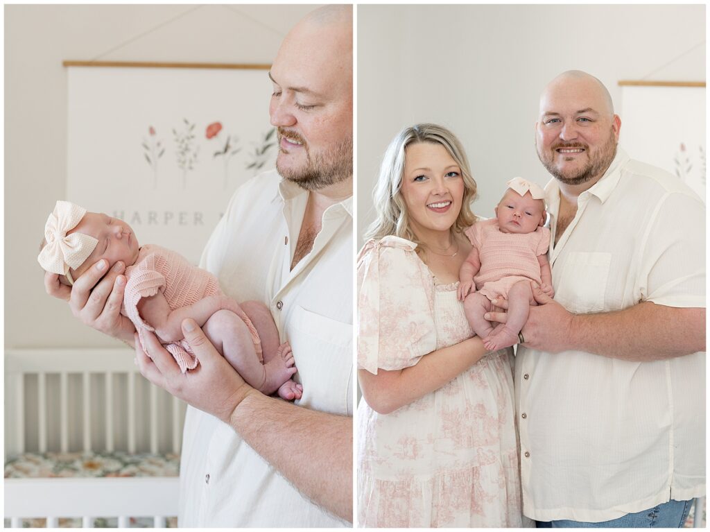 "Newborn baby sleeping peacefully on a soft white blanket."

"Close-up of a swaddled newborn baby with eyes closed."

"Newborn lying in a wicker basket with a knitted blanket."

"Baby girl wearing a pink headband, sleeping on her stomach."

"Father holding newborn gently against his chest."

"Newborn twins wrapped in matching blankets, sleeping side by side."

"Black and white photo of a newborn holding a parent's finger."

"Newborn baby yawning while lying in a cozy, neutral-toned setting."
"Big brother gently kissing newborn sibling on the forehead as parents look on smiling."

"Family of four sitting on a bed, with the big brother holding the newborn baby in his lap."

"Parents cuddling their newborn while big brother sits beside them, smiling at the baby."

"Big brother lying next to his newborn sibling on a cozy blanket during a family photo shoot."

"Mother holding newborn baby while big brother stands beside her with his arm around her shoulder."

"Father cradling newborn in his arms while big brother peeks over to look at the baby."

"Black and white photo of big brother holding newborn, surrounded by loving parents."